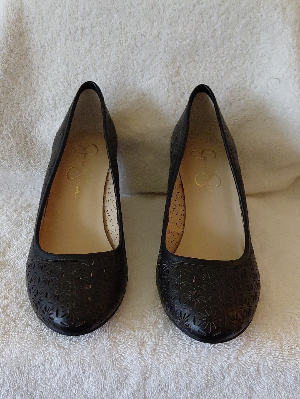 Jessica Simpson Black Laser-Cut Wedge Shoe.